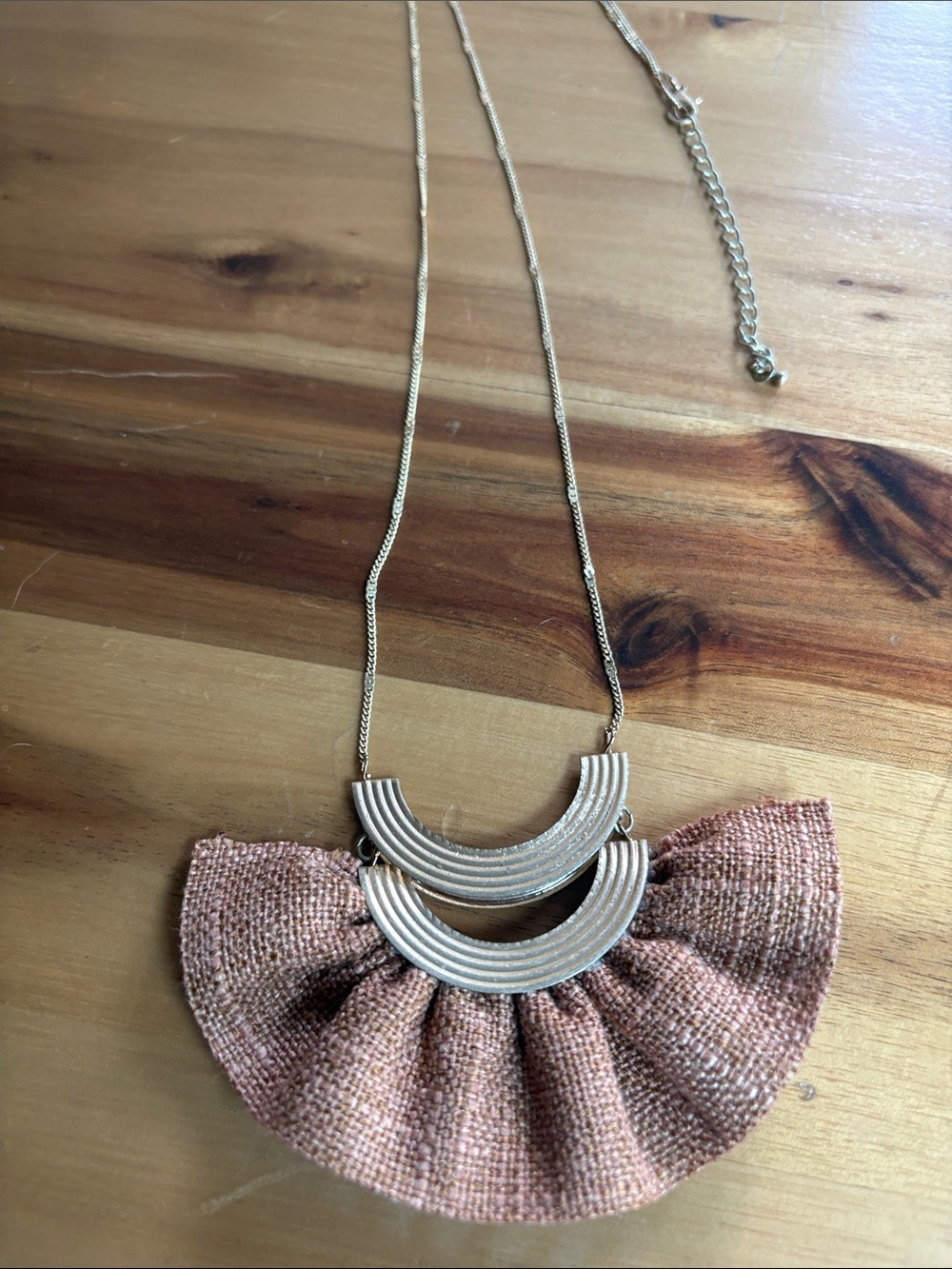 Gold-Tone Necklace with Brown Fabric Fan